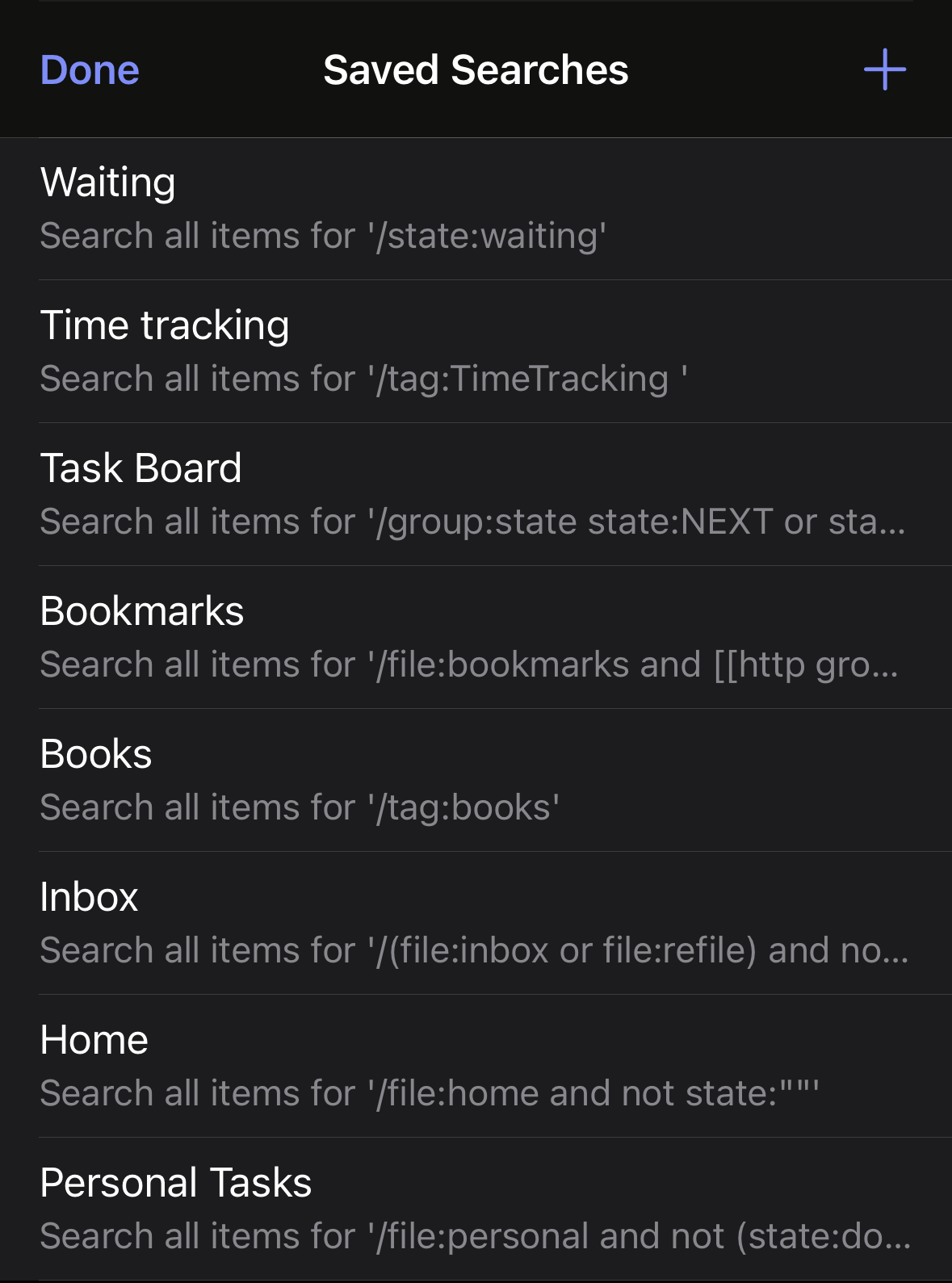 Examples of saved searches in beorg