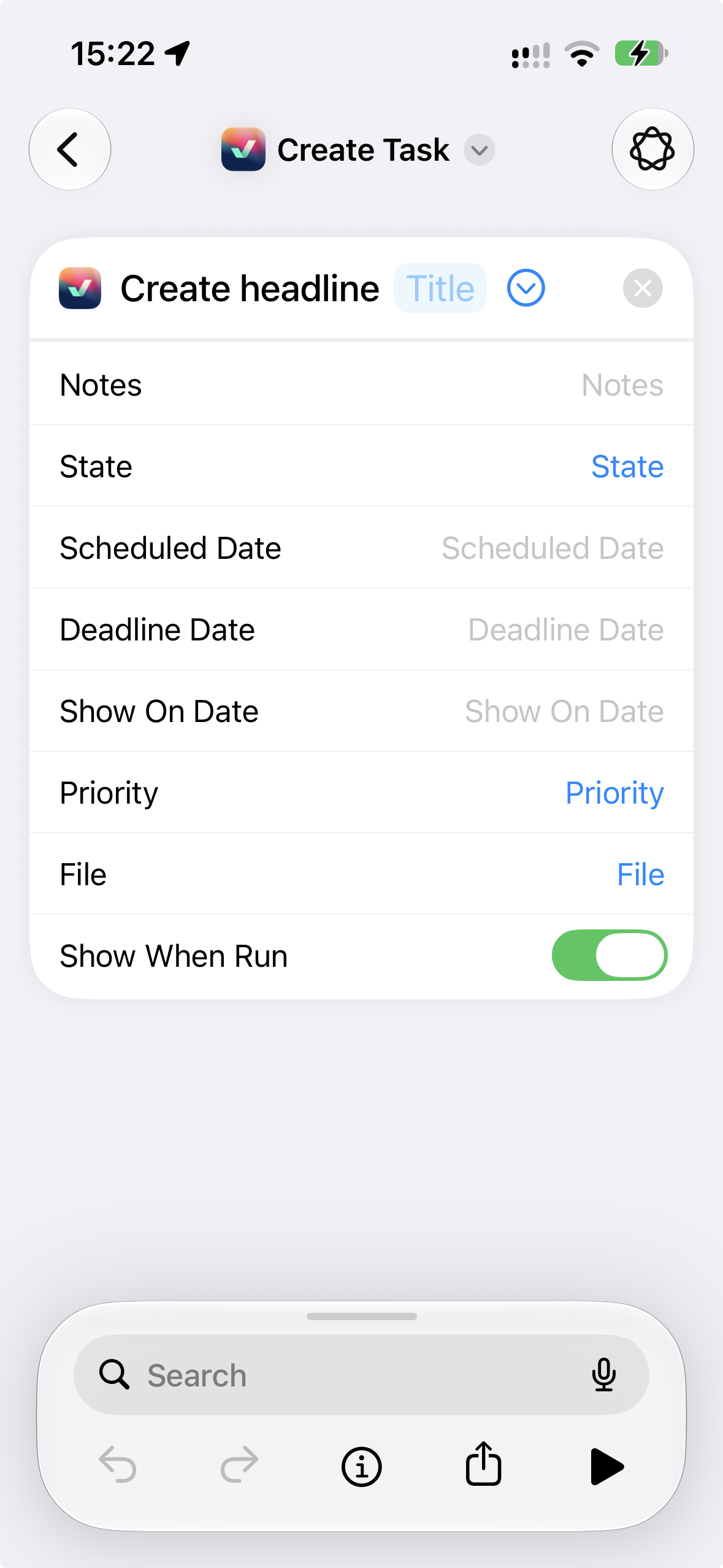 The Create Headline action in Shortcuts