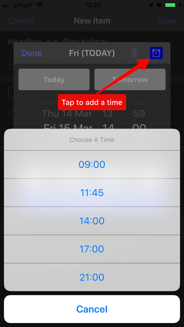Create your own list of preset times for or deadlines - beorg