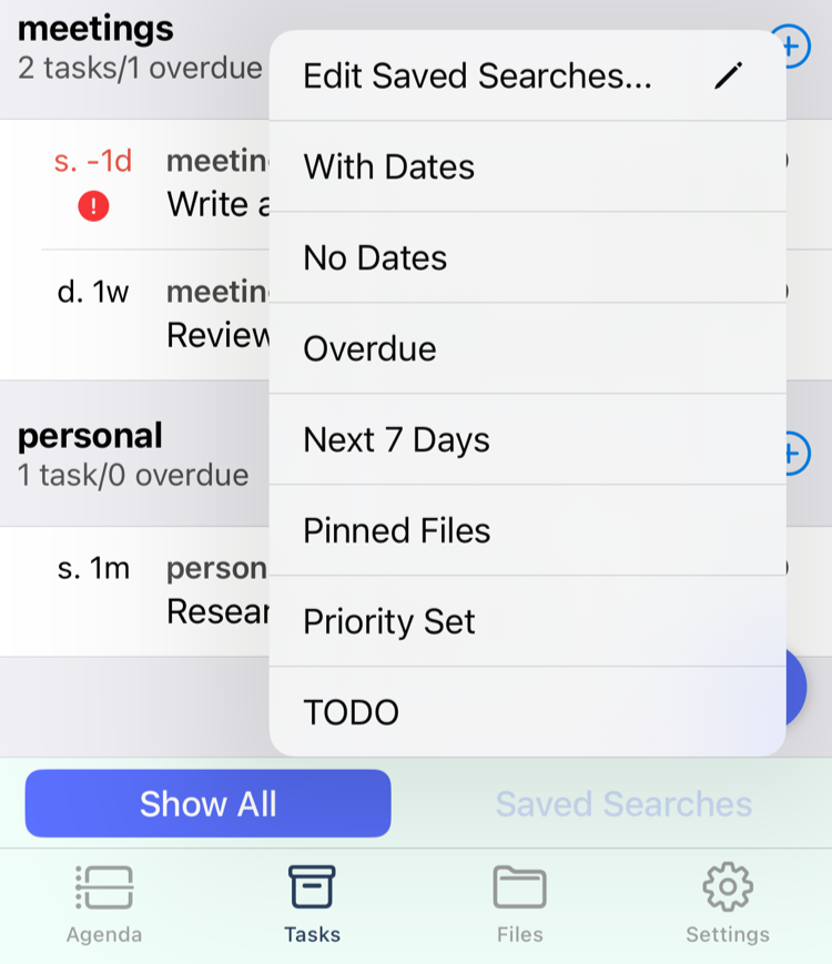 The Tasks tab saved searches menu img